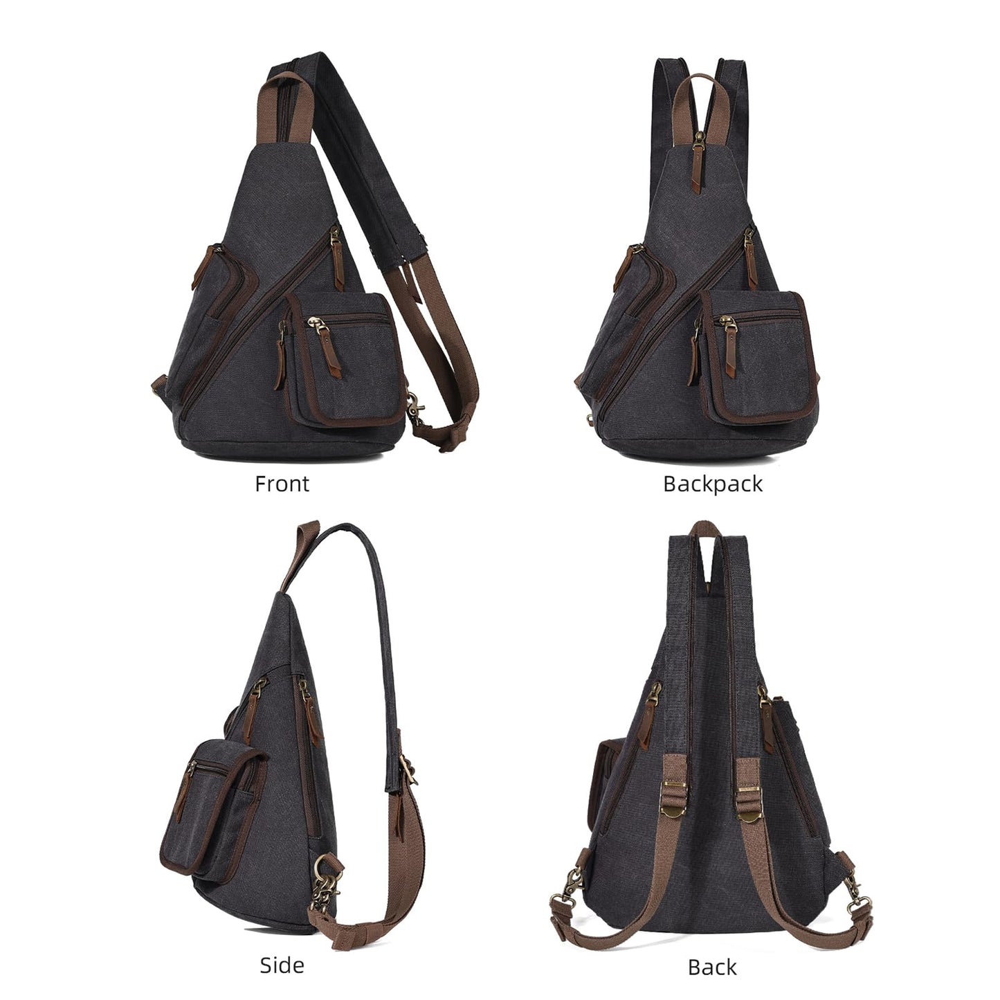 KL928 Canvas Sling Bag - Casual Crossbody Shoulder Daypack Rucksack Backpack for Men Women, Black