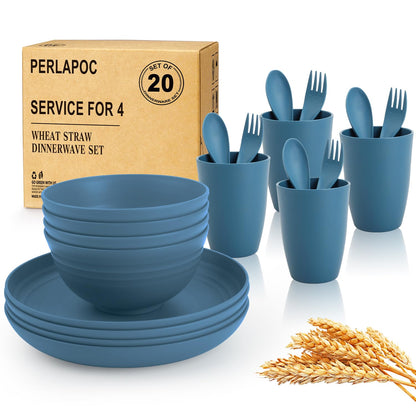 Wheat Straw Dinnerware Set 40-Piece Service for 8 Unbreakable Dishes Set Plates and Bowls Sets Drinking Glasses Microwave Safe Dish Set Lightweight Dinnerware Set for Home & Kitchen - Yellow