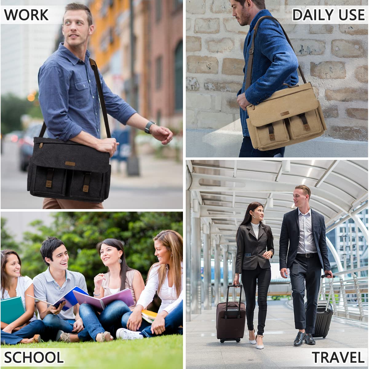 Messenger Bag for Men, VASCHY Vintage Water Resistant Waxed Canvas Satchel 15.6 inch Laptop Briefcase Shoulder Bag with Padded Shoulder Strap Gray