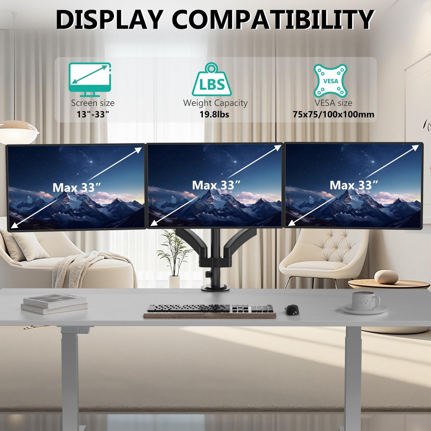 WALI Triple Monitor Mount, 3 Monitor Desk Mount for Screens 13-33 Inch, Multiple Monitors Stand with Tilt, Swivel, Rotation, Mounting Holes 75/100 mm, Black