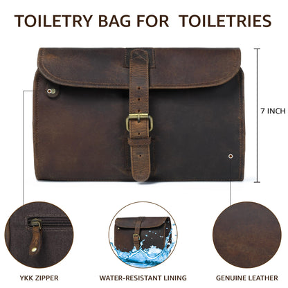 LEATHER VILLAGE Hanging Genuine Leather Toiletry Bag for Men – Handcrafted Vintage Travel Dopp Kit with Waterproof Lining, Shaving Organizer and Shower Bathroom Essentials Case - Brown