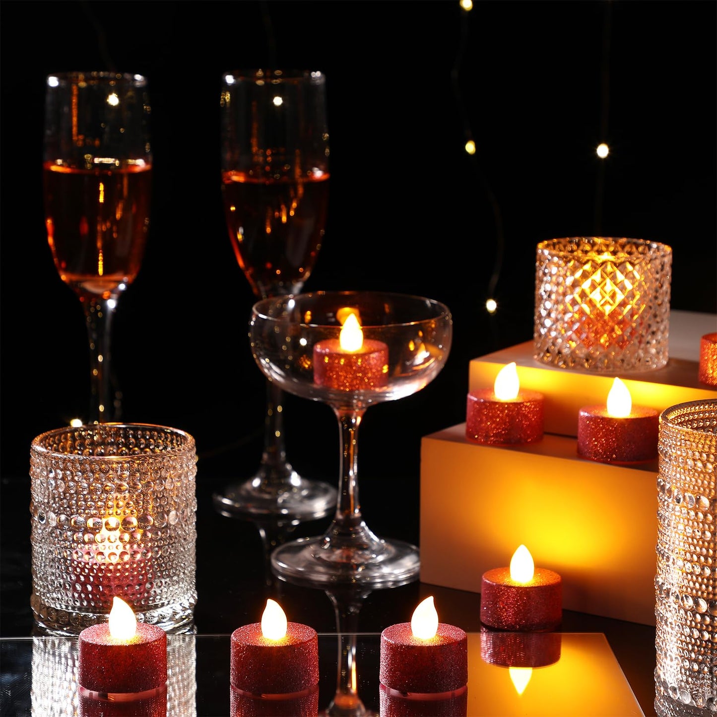 Retisee 48 Pcs Flameless LED Tea Lights Glitter Electric Fake Candles for Centerpieces Battery Operated Anniversary Decorations Romantic Winter Decor for Wedding Christmas Birthday (Pink)