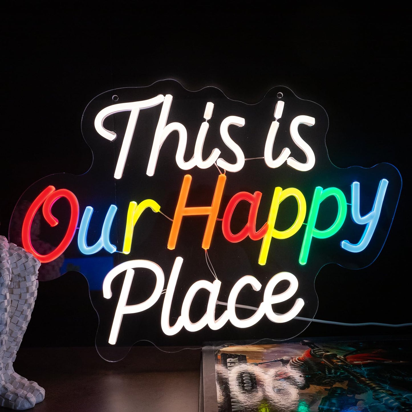 This is Our Happy Place Neon Sign, Letter Neon Signs for Wall Decor Dimmable Light up Sign, Classroom Wedding Kids Room Store Home Neon Decor 16.54 x 11.81 inch