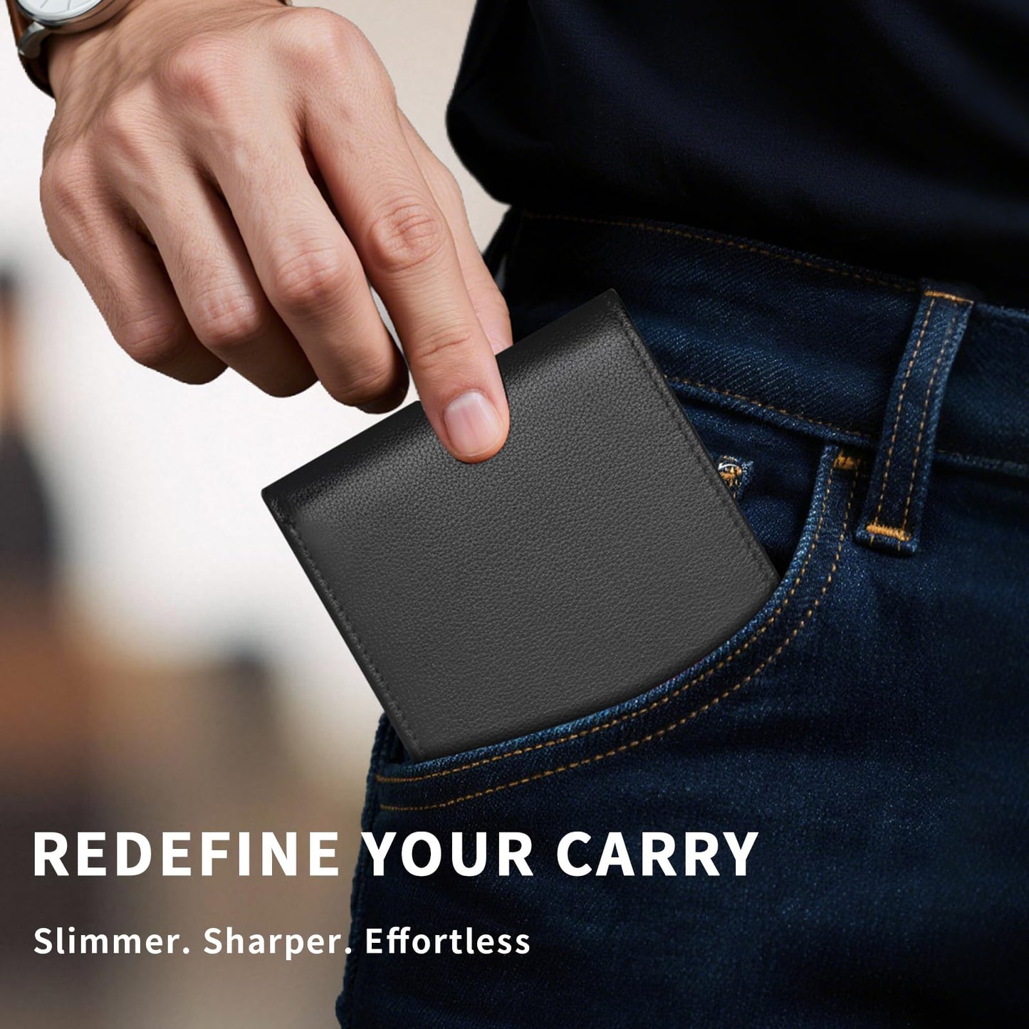 LATKWO Mens Wallet - Genuine Leather Bifold RFID Blocking Slim Front Pocket Large Capacity with 10 Card Slots, 2 ID Windows & 2 Cash Pockets - Heavy Duty Stitched Gift for Men (Black)
