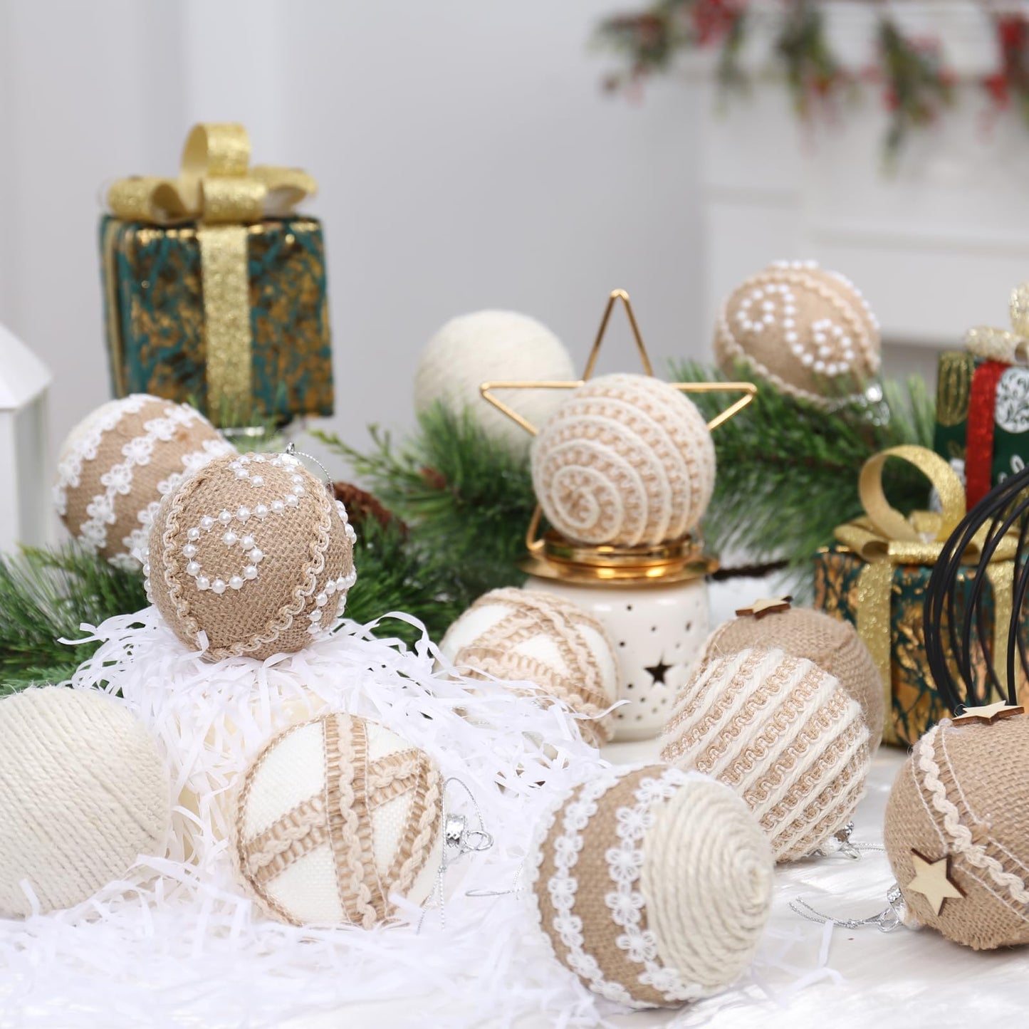 12PCS Christmas Ball Ornaments, 3.14"/80MM Boho Shatterproof Christmas Tree Hanging Ball Decorations, for Home Indoor Farmhouse Xmas Vase Bowls Filler Centerpiece Rustic Decor