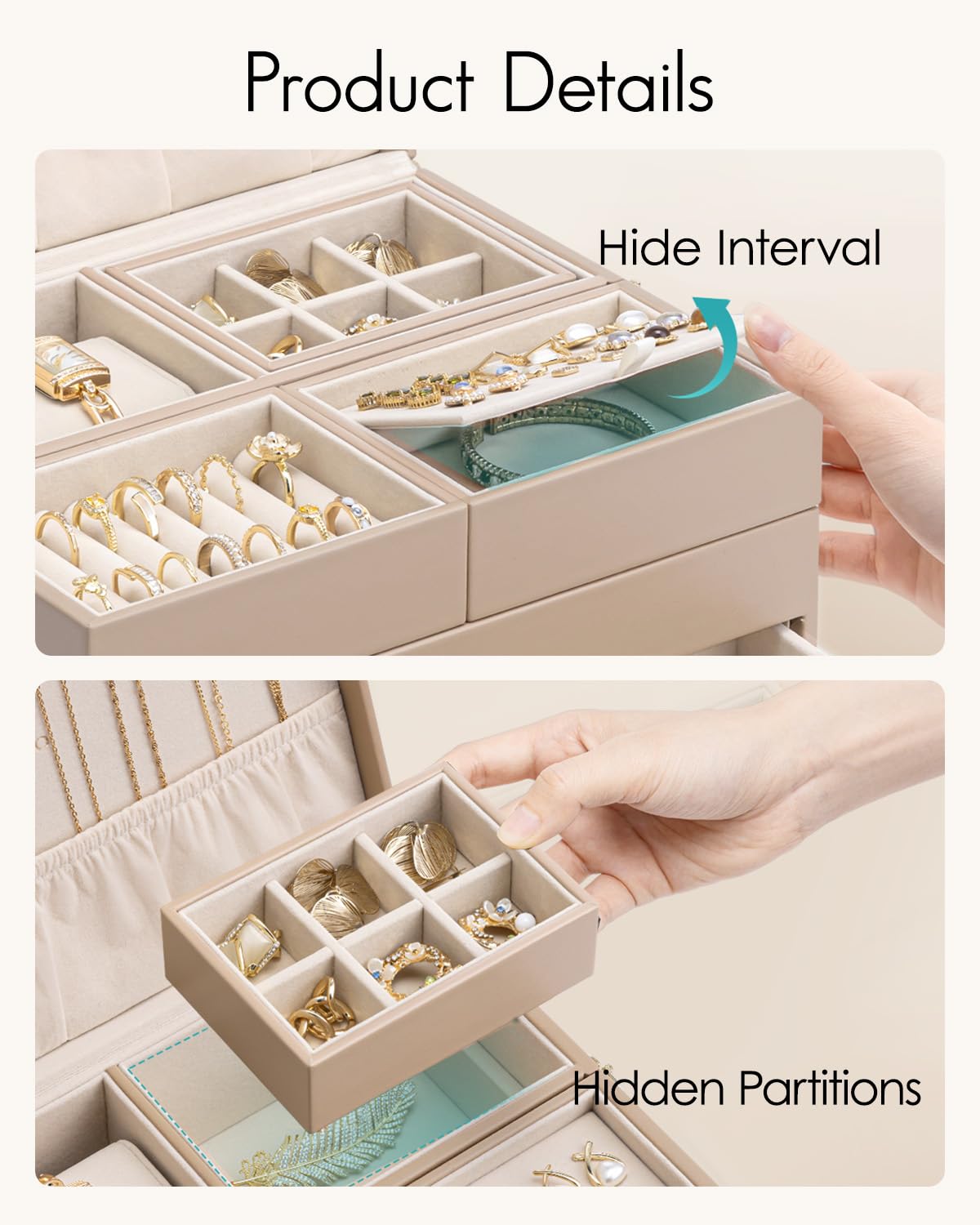 VLANDO 3 Layer Jewelry Box - Women Jewelry Box with Retractable Tray - Jewelry Organizers with Drawer for Necklaces, Rings, Bracelets, Earrings, Gift for Couples Mom Girls - Toffee