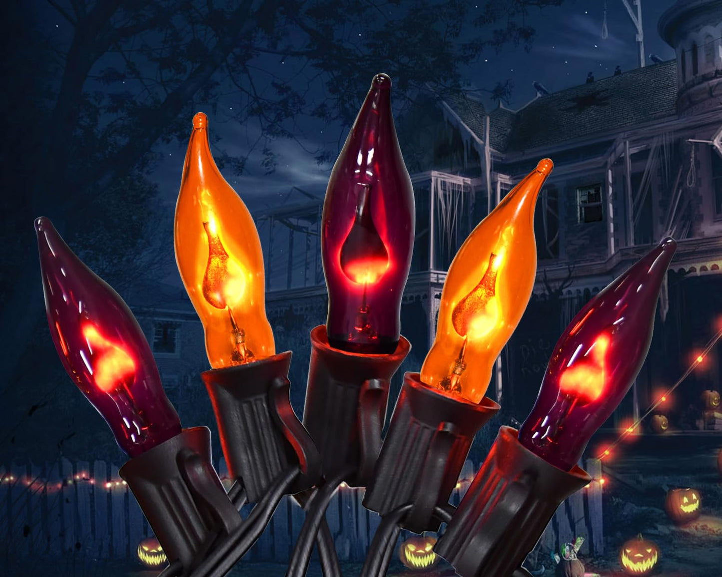 PASUTO Orange and Purple Halloween Lights - Flickering Flame String Lights, 12.8Ft Indoor Outdoor Halloween Lights C7 Retro Flame String Lights, Ideal for Fall Halloweens Decorations for Home Party