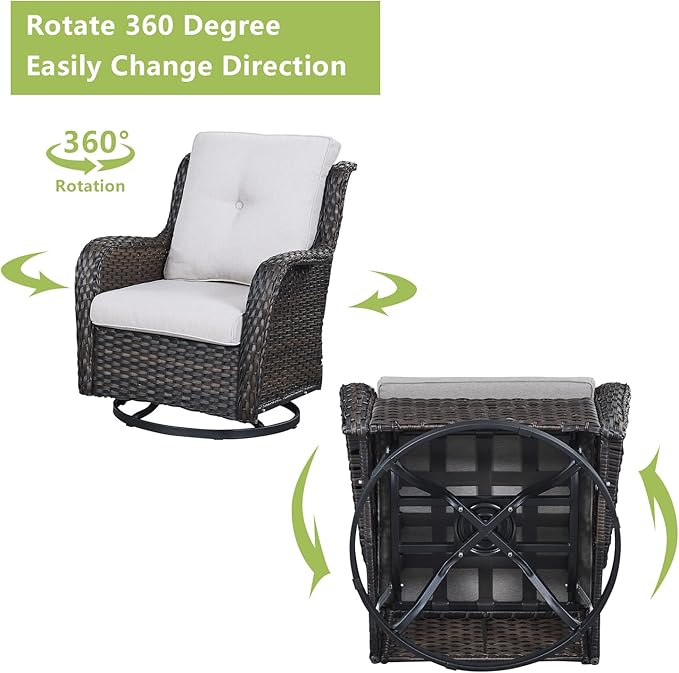Rilyson Wicker Rocking Chair Swivel Chairs – 6 Piece Rocker Patio Furniture Set Rattan Rocking Bistro Sets with Glass Top Side Table for Outdoor Porch Deck Garden Backyard(Brown/Beige)