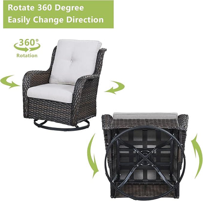 Rilyson Wicker Rocking Chair Swivel Chairs – 6 Piece Rocker Patio Furniture Set Rattan Rocking Bistro Sets with Glass Top Side Table for Outdoor Porch Deck Garden Backyard(Brown/Beige)