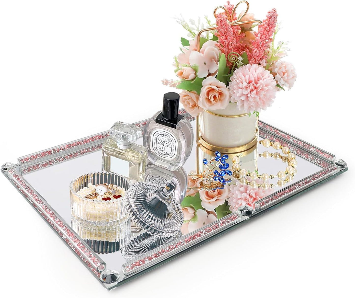 Large Crystal Serving Tray, 15.7" x 11.8" Crushed Diamond Mirror Perfume Rectangular Makeup Display Tray, Crystal Makeup Organizer for Bathroom, Home Decor, Cosmetics, Dresser(Rose Red)