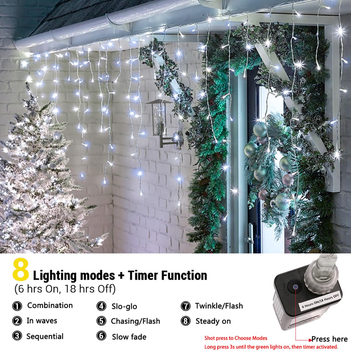 Toodour Christmas Icicle Lights Outdoor, 1224 LED 100ft 8 Modes Fairy Icicle String Light with 204 Drops, Led Christmas Lights Twinkle for Holiday, Party, Wedding, Eaves, Xmas Decorations (White)
