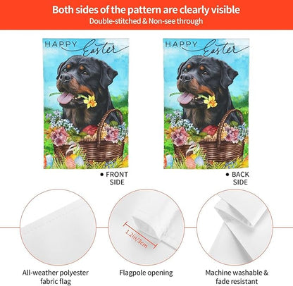 Happy Easter Rottweiler Dog Black Flower Eggs Garden Flag Welcome Party Outdoor Outside Decorations Picks Home House Garden Yard Decor 12x18 Inch