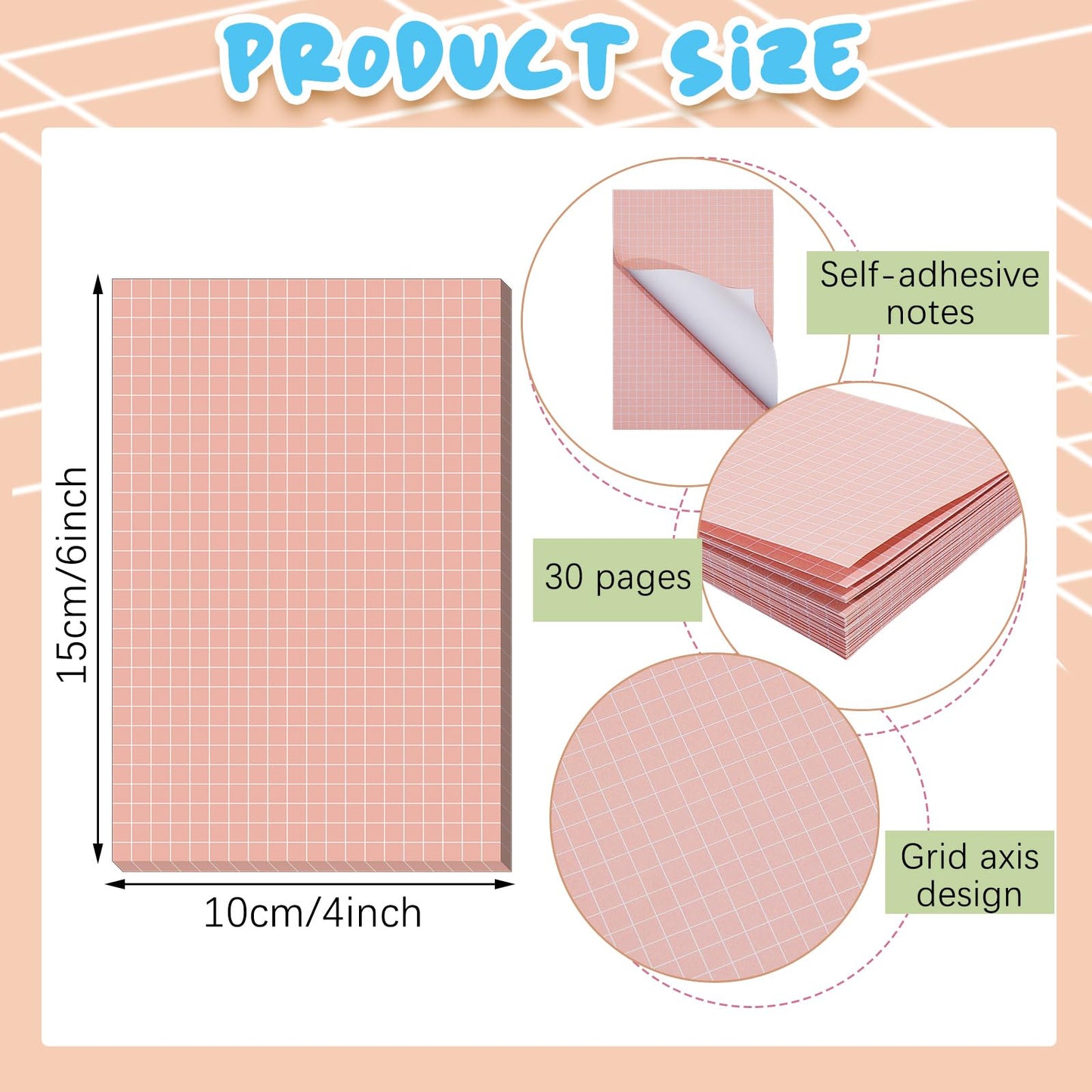 Jecery 9 Pack 4 x 6 Inch Grid Sticky Notes Self Adhesive Memo Pad Cute Graph Paper Self Stick Note Pads with Grid Lines for Gifts Office Supplies, 270 Sheets(Soft Colors)