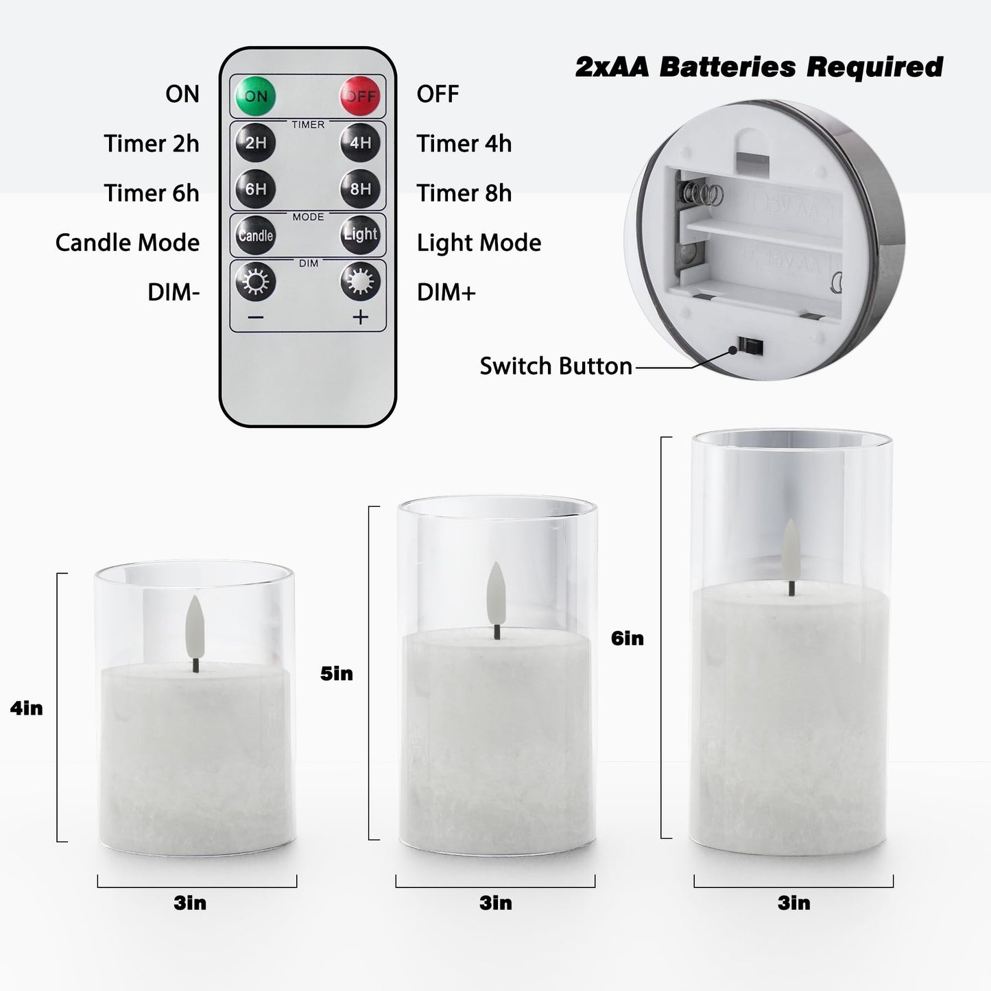 VIODAIM Ice Crystal Real Wax Glass Flameless Candles with Remote & Timer, Battery Operated Candles with Warm Flickering Flame, Realistic LED Candle for Wedding Home Decor [D3×H4/5"/6"] Clear, 3Pack