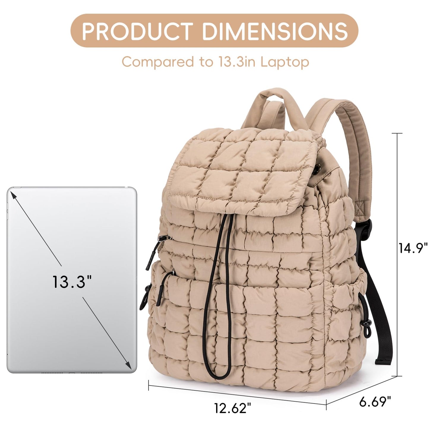 CLUCI Puffy Quilted Backpack for Women, Casual Lightweight Daypack for Women Travel (Khaki)