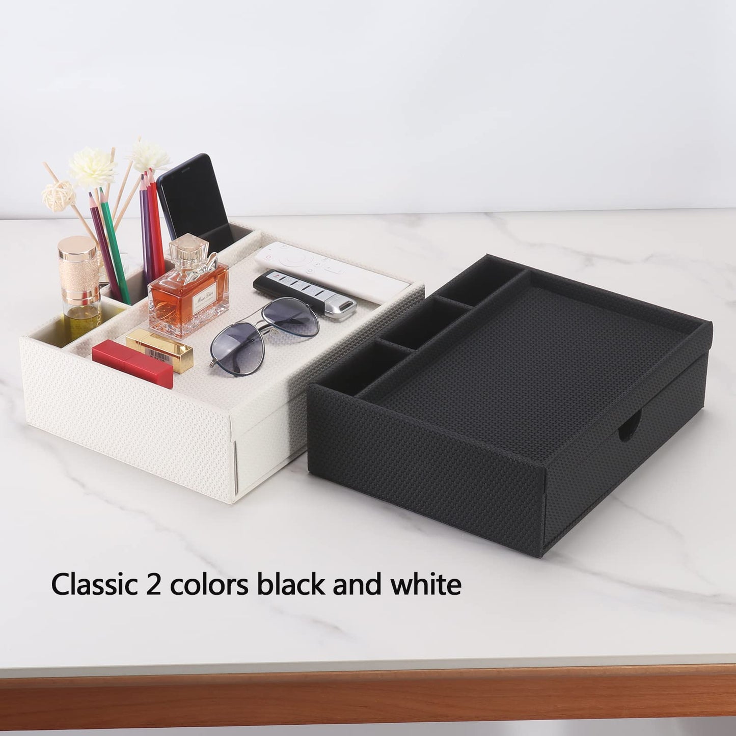 SYRWDXTX Leather Desk Organizer With Drawers, Home Cosmetics & Phone Remote Organizer, Drawer Plus Divider & Tray (white)