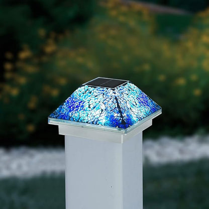 2PK Mosaic Solar Post Cap Lights Outdoor for 4x4, 3.5x3.5 Post Crackled Glass Deck Fence Lamp Weatherproof LED Light Decor in Garden, Yard, Outdoor Table, Balcony, Landscape- Cyan Blue