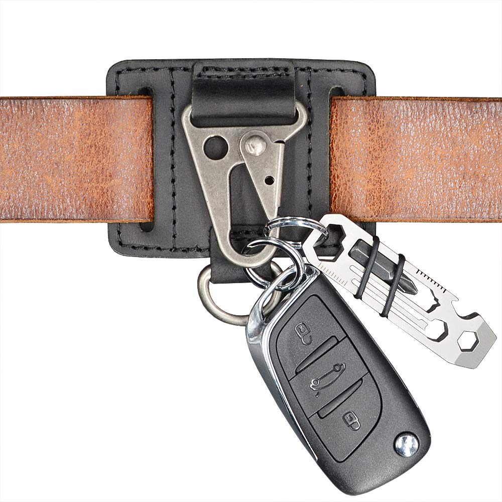 EDC Leather Key Ring Keychain Holder Belt Loop, Heavy Duty Belt Clip Key Fob Holder for Men, Key Ring on Belt, Solid Key Clip Key Chain, EDC Gear Essentials, Black.