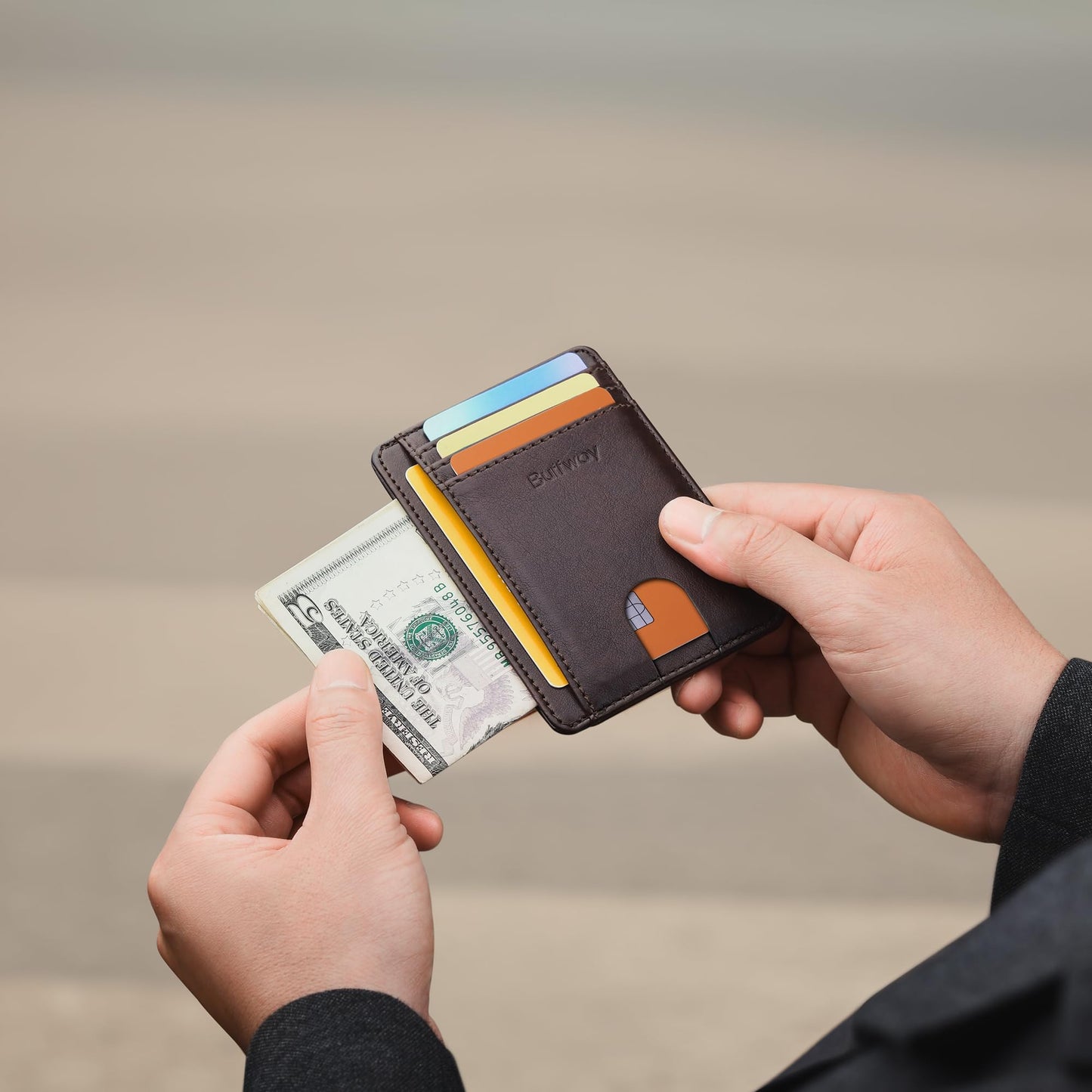 Buffway Slim Minimalist Front Pocket RFID Blocking Leather Wallets for Men and Women - Pebble Brown