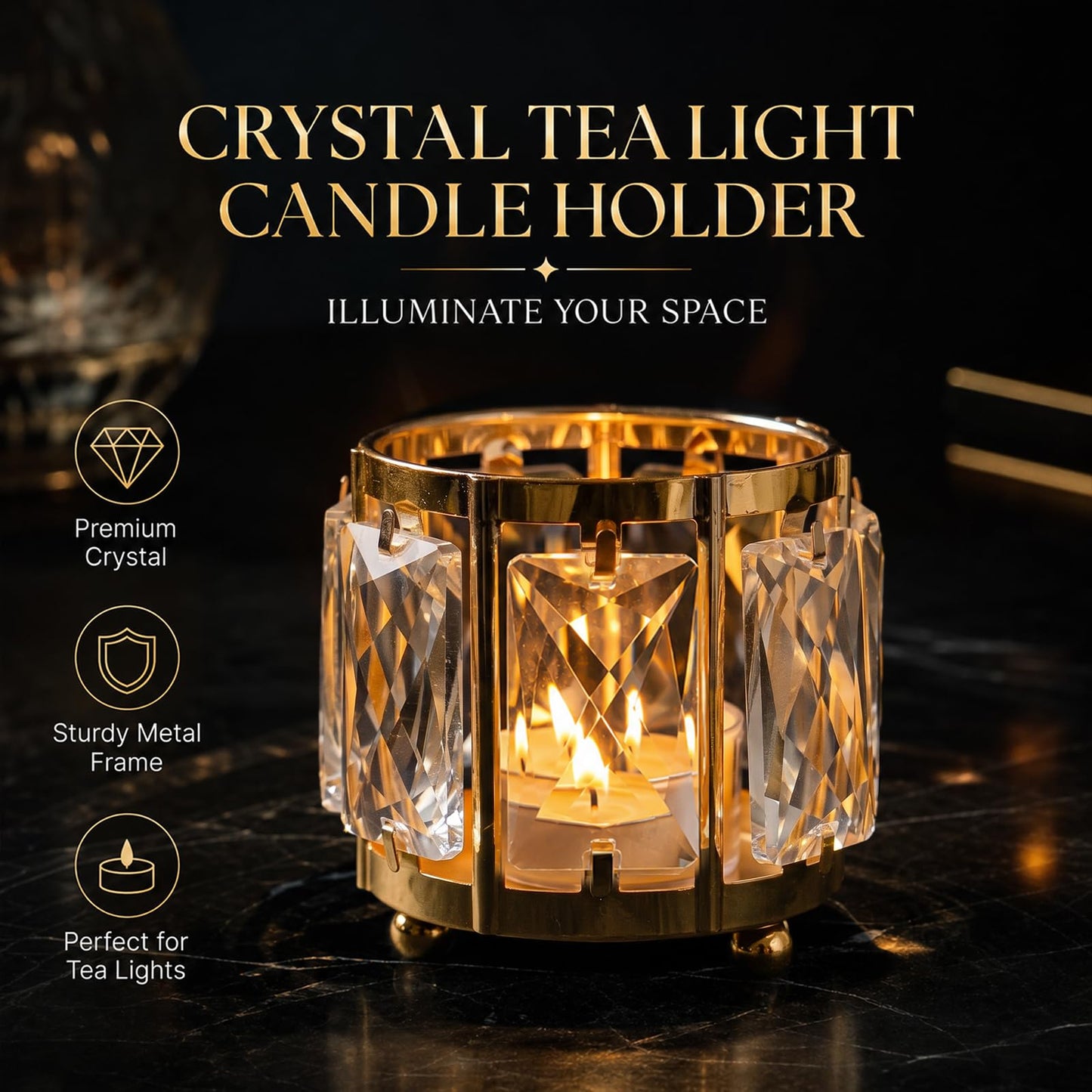 Kolnlala 6pcs Tabletop Tealight Crystal Candle holders3.5''x3.5'' Class Votive Holder Home Decoration,Table centerpieces/Wedding Decor,Gorgeous Gift,Tabletop/Centerpiece Votive Holder (French Gold)
