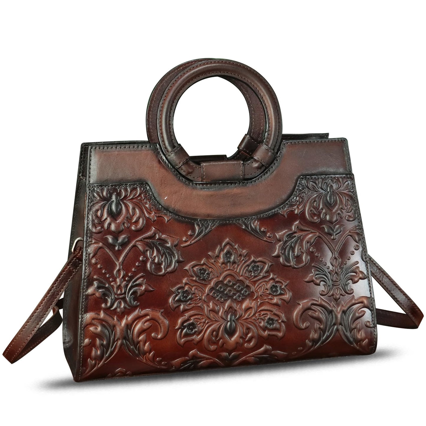 Genuine Leather Purses and Handbags for Women Vintage Embossed Leather Crossbody Shoulder Bag Satchel Top Handle Bags (Coffee)