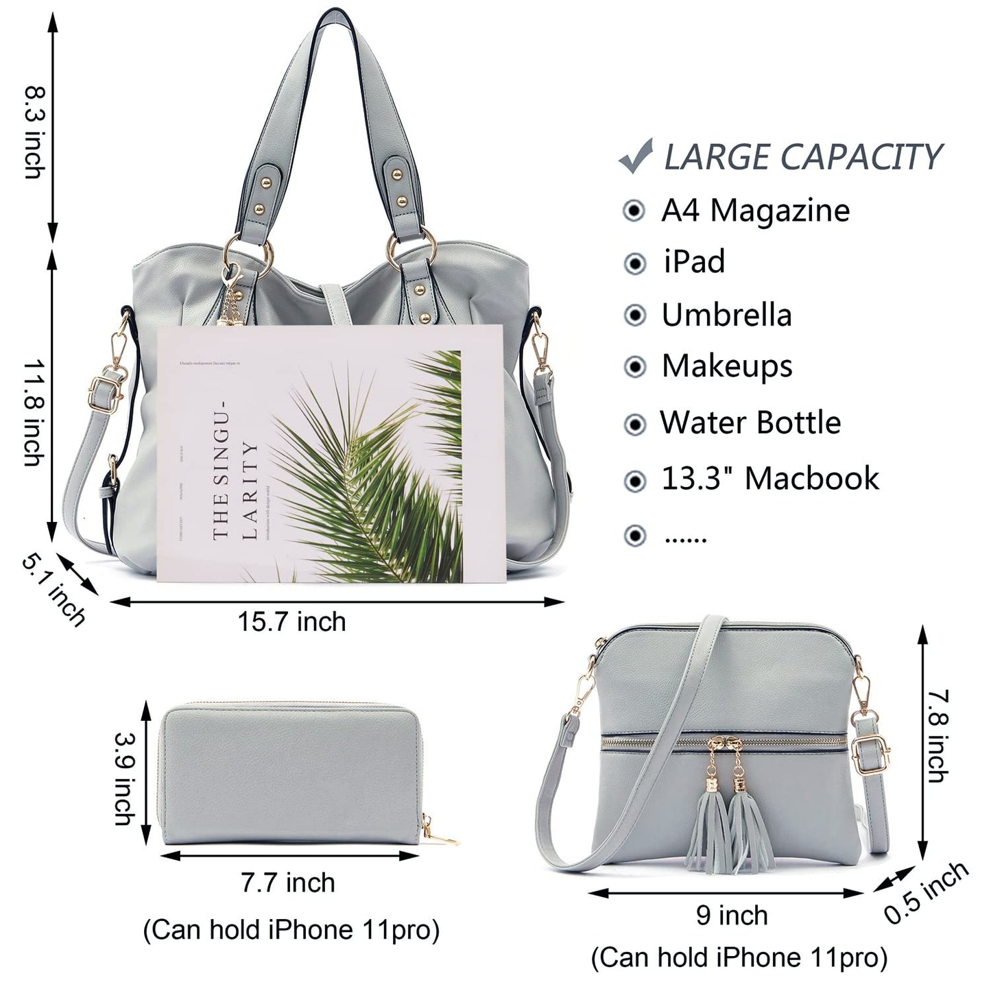 Purses And Wallets Set For Women Tote Handbags Large Hobo Bag, Grey