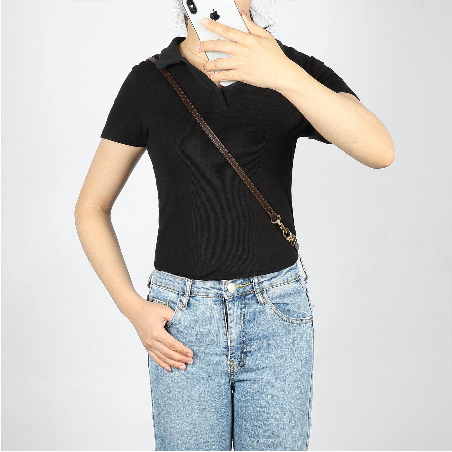 OULARIO Leather Cross Body Strap for Alma BB Damier Ebene Pochette Eva Favorite PM MM Mini 10mm Coated Dark Brown with Gold Hardware (Brown 129cm Gold HW)