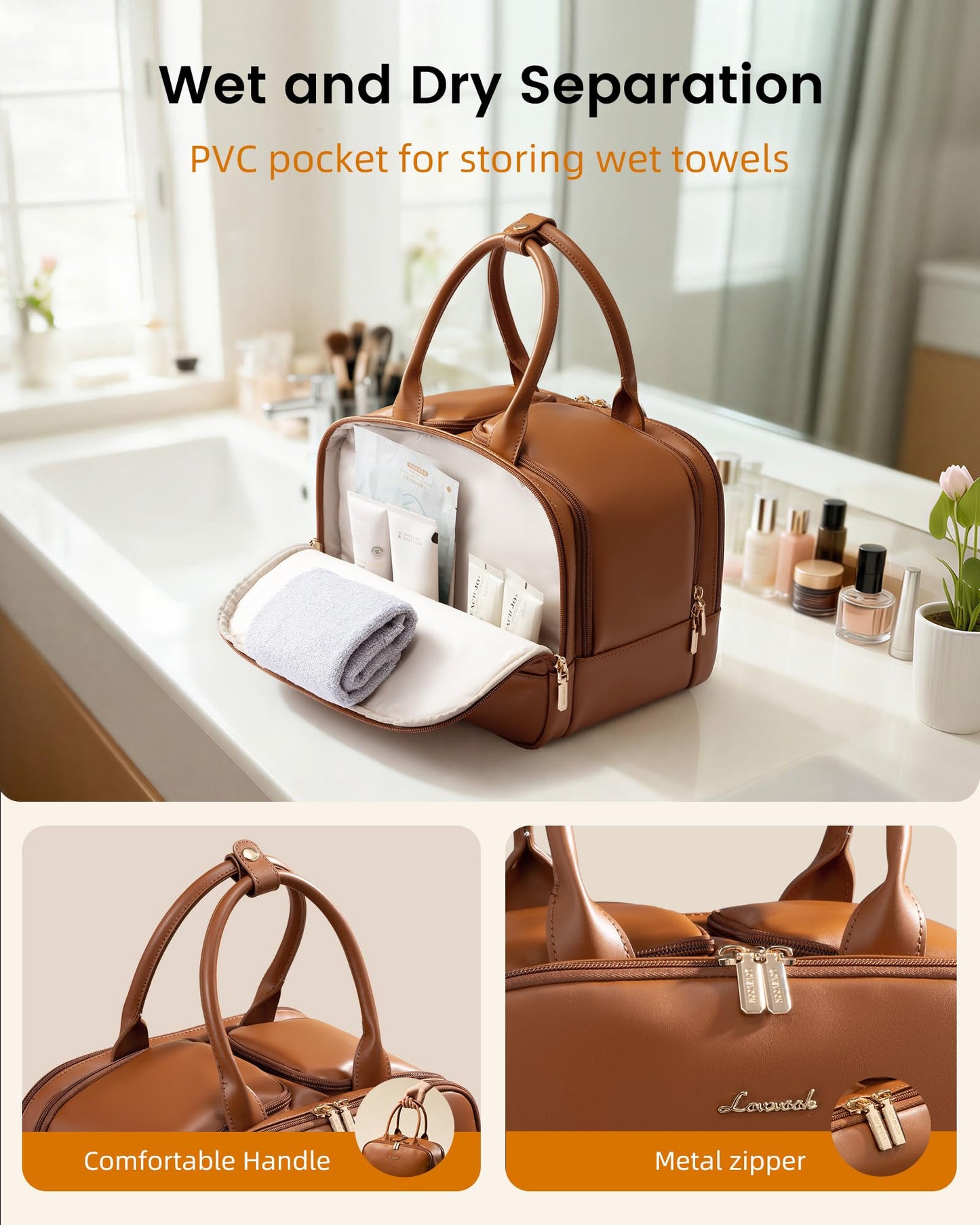 LOVEVOOK Travel Toiletry Bag for women, Leather Large Wide-open Makeup Bag, Waterproof Cosmetic Bag Organizer for Shower, Traveling, Toiletries, Bathroom