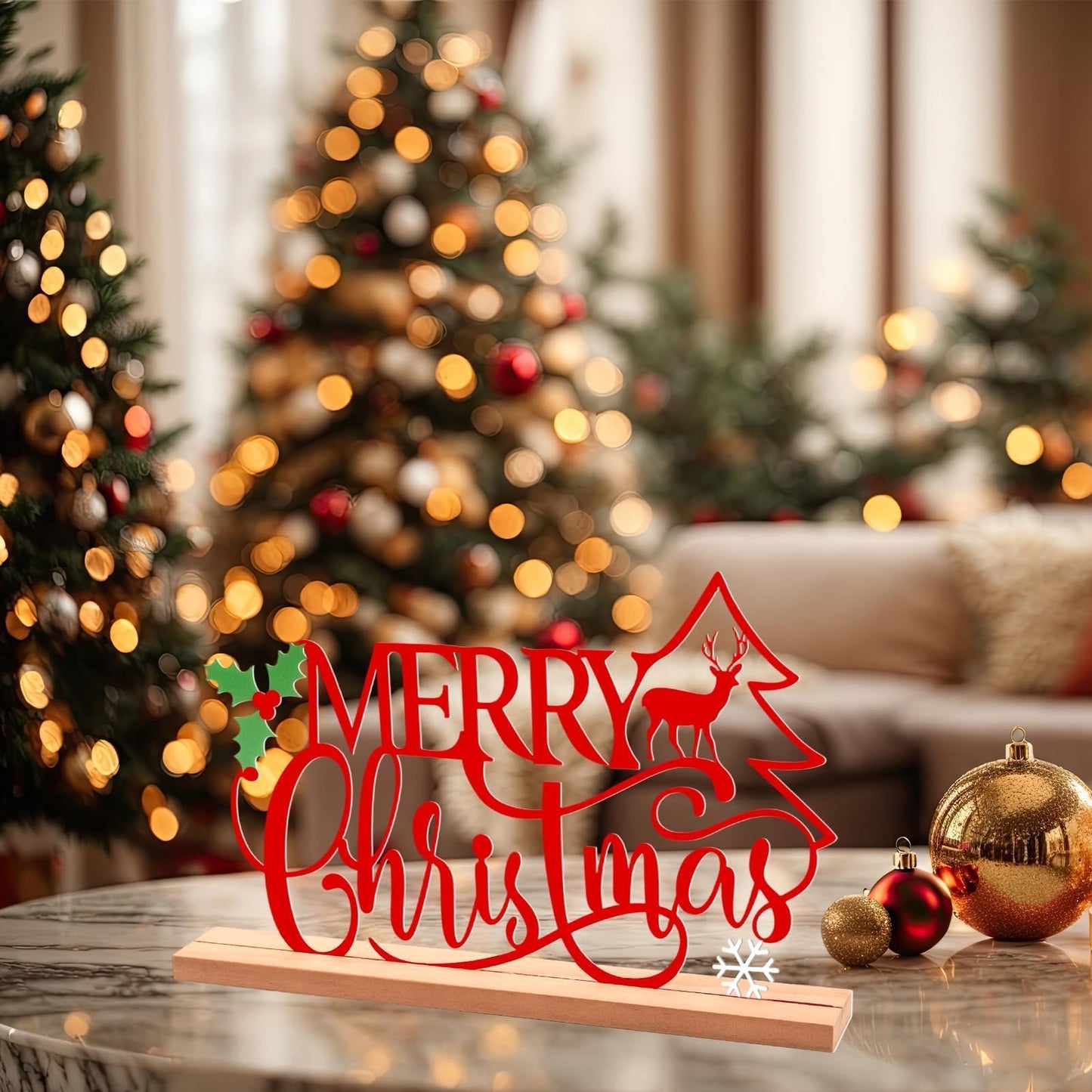 Metal Merry Christmas Table Sign Xmas Tabletop Centerpiece with Wooden Base Freestanding Rustic Tiered Tray Decor for Home Mantel Shelf Fireplace Decoration (Red)