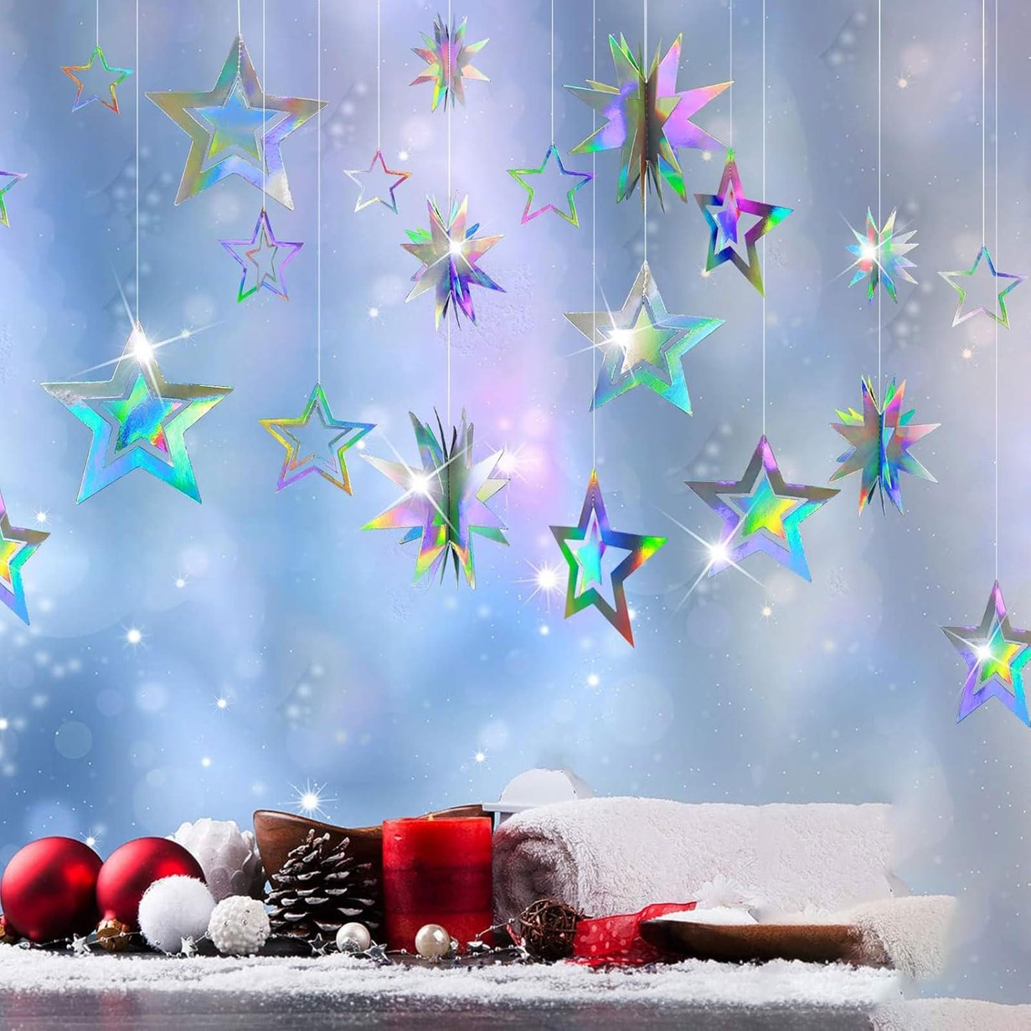 AimtoHome Holographic Star Garland Decorations– 14 Rainbow Paper Stars & 5.5ft 3D Twinkle Hanging Decor for Party, Home, Window, Door，Christmas Party Backdrop Decor (Modern Glitter Style)
