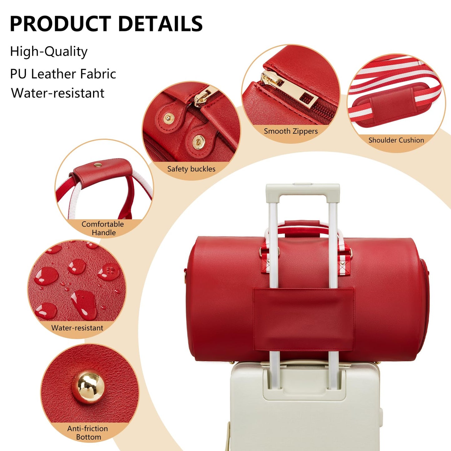 Leather Garment Bags for Travel, Convertible Carry on Garment Duffel Bag for Women, 2 in 1 Waterproof Foldable Travel Suit Bag with Shoulder Strap Weekender Bag with Shoe Pouch, Red