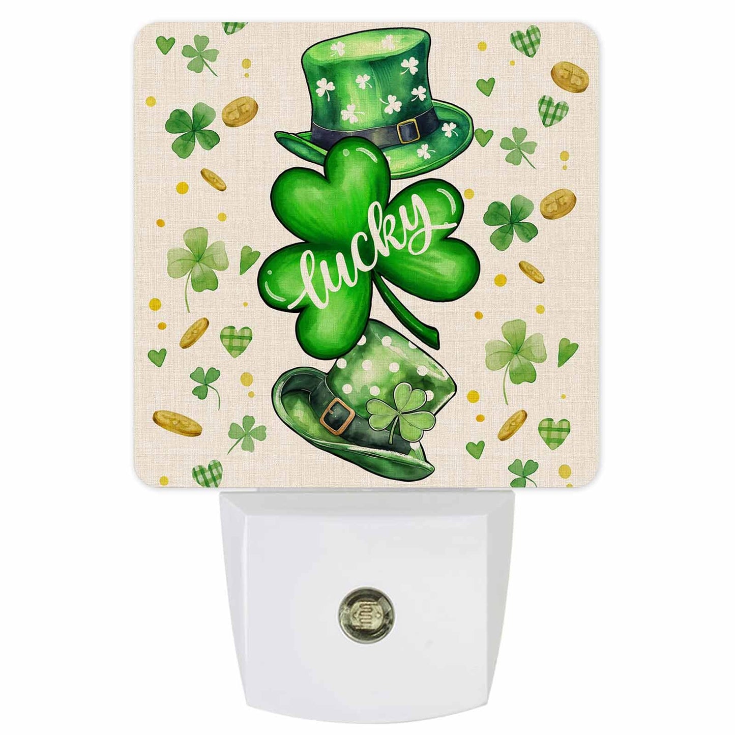 Happy St.Patrick's Day Plug-in LED Night Lights, Shamrocks Hat Spring Auto Dusk-to-Dawn Sensor for Bedroom, Bathroom, Kitchen, Nursery, Hallway, Stairs, Wall Home Decor, Lucky Clover Gold Coins