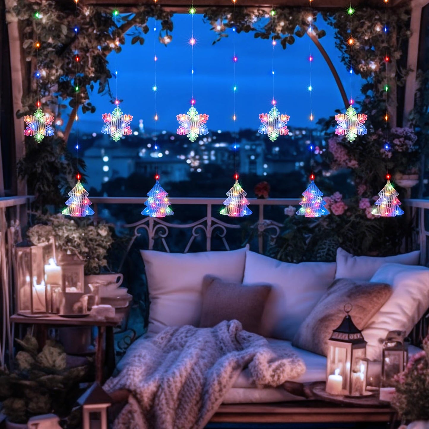 BLOOMWIN Christmas Window Lights Indoor - 2M 160 LED Christmas Window Decorations, Snowflake Curtain Hanging Fairy String Icicle Lights for Xmas Noel Bedroom Holiday Home Outdoor, RGB USB