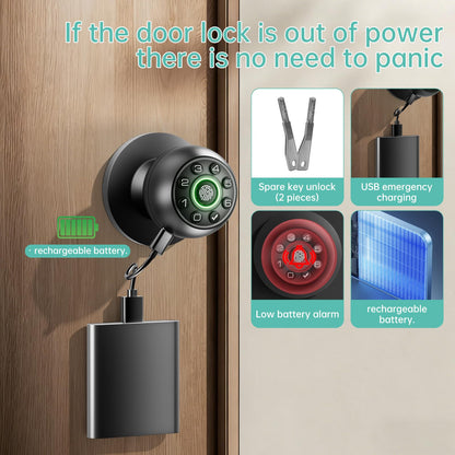 Fingerprint Door Lock - Smart Door Knob, Biometric Door Lock with Keypad Passcode Door Handle for Bedroom Home Office (Black)