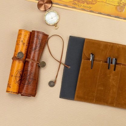 Glavatrix 4 Pieces Leather Pencil Case, Creative Map Rollup Pencil Bag, Vintage Makeup Brush Pouch, Brown PU Matte Smooth Cover Storage Pouch Holder Organizer