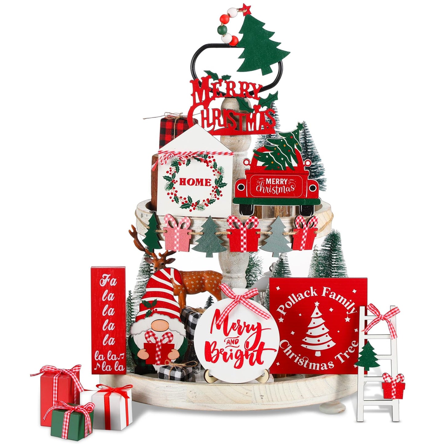 18 Pcs Christmas Tiered Tray Decor Gnome Santa Wood Sign Xmas Tree Table Centerpiece Farmhouse Rustic Table Decor for Winter New Year Home Tabletop