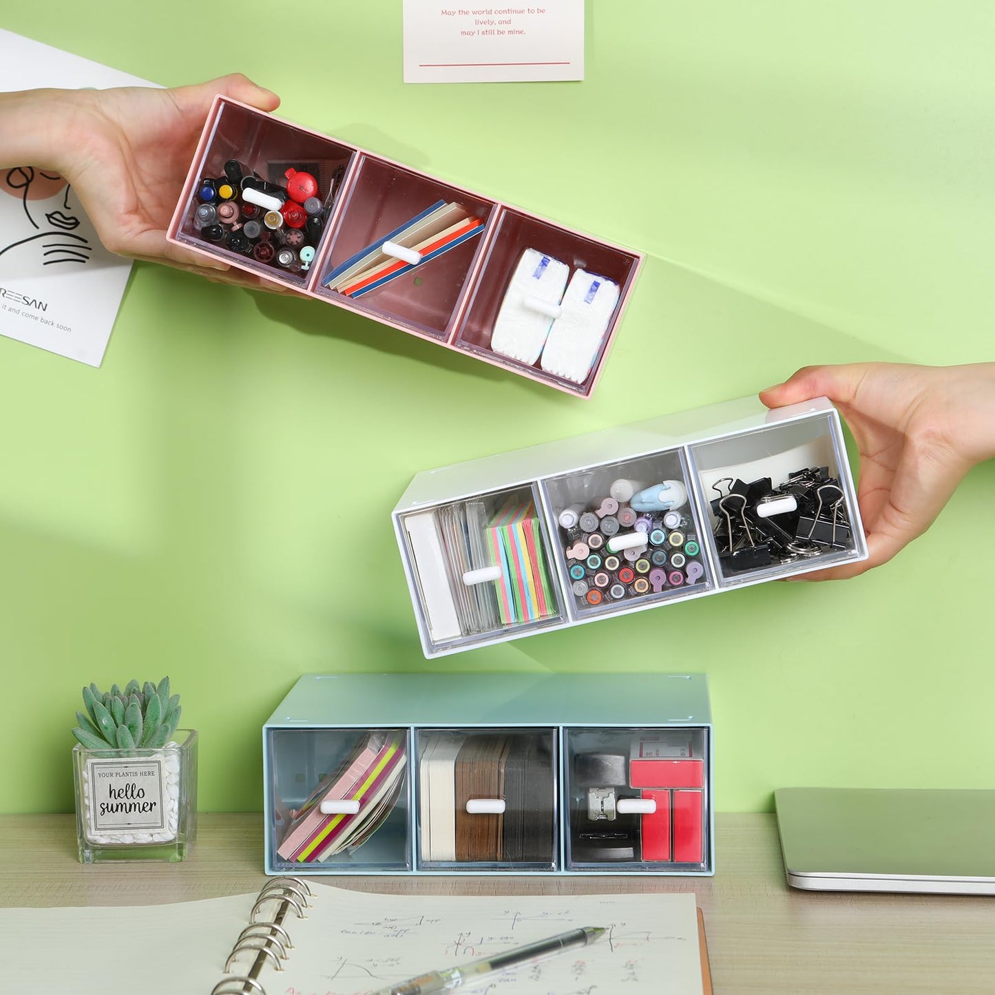 OSteed Desktop Drawers, Desk Organizer with 9 Drawers, Stackable Plastic Storage Box for Home Collection, Cosmetics, Jewelry, Office Supplies (3 Tiers, Mixed Colors)