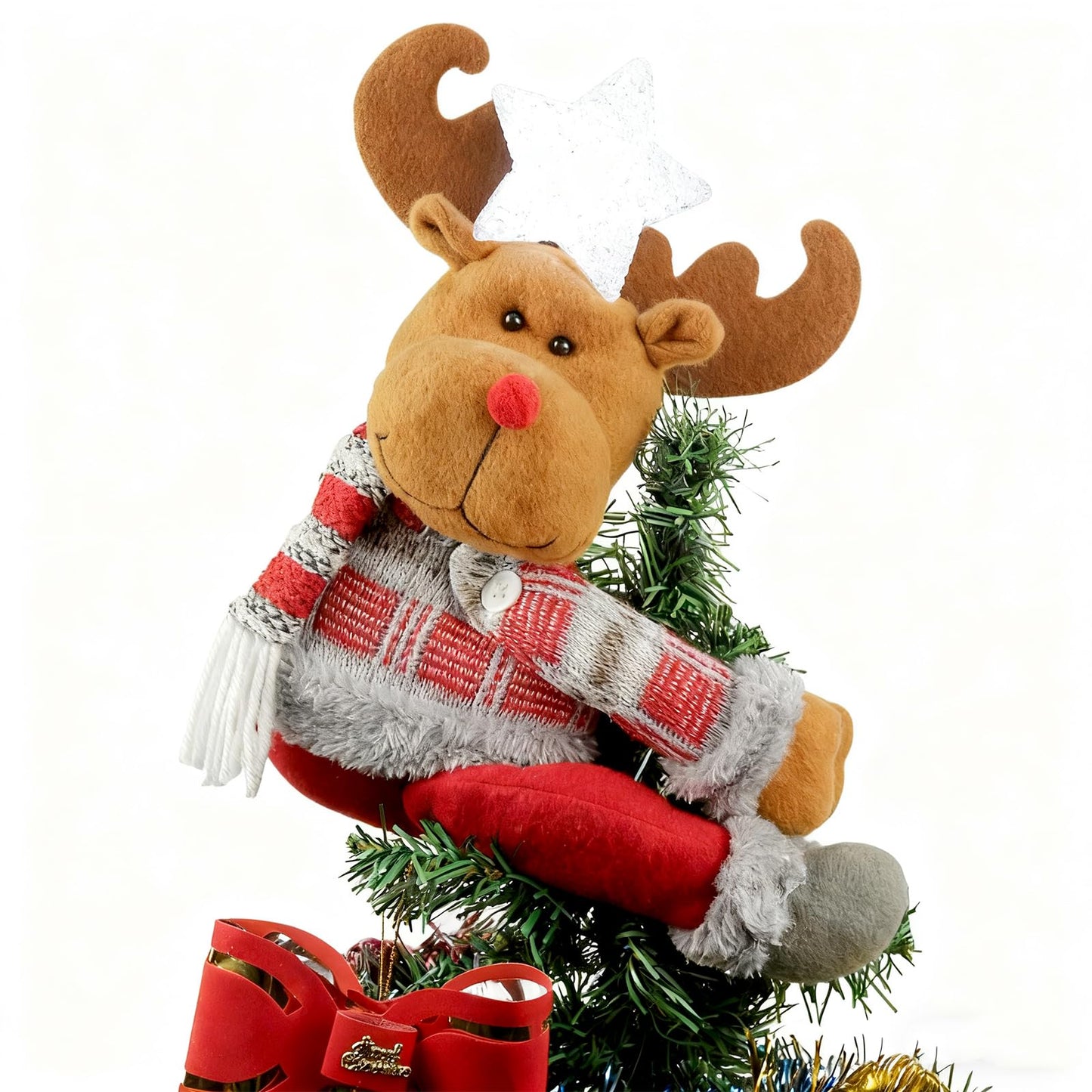 Christmas Plush Reindeer Tree Topper with Glowing White Star - Multifunctional Xmas Treetop Ornament, Home Curtain Tie & Hugger Wine Bottle Party Decoration