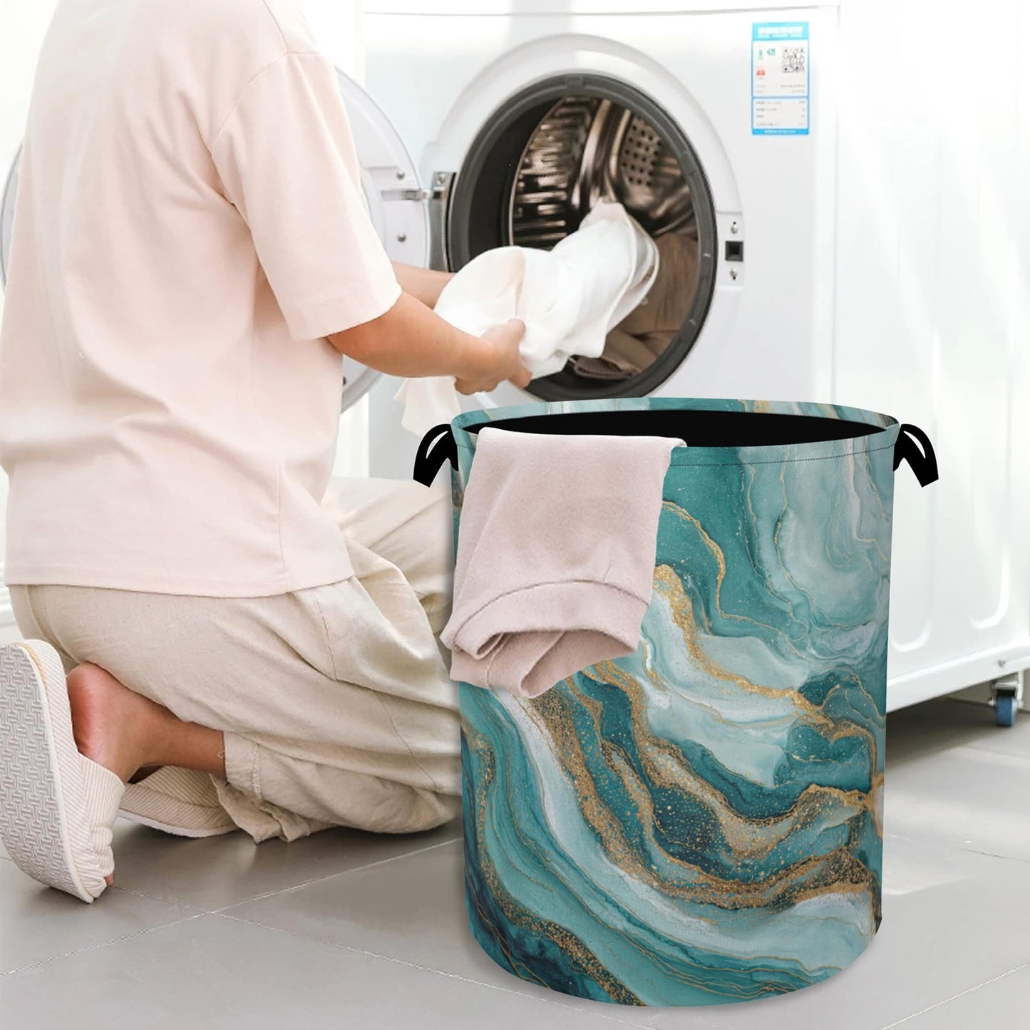 Blue Green Gold Marble Laundry Basket,Foldable with Handles Tote Bag Oxford Cloth for Bathroom Bedroom Dirty Clothes Storage Bucket 16" x 20.8"