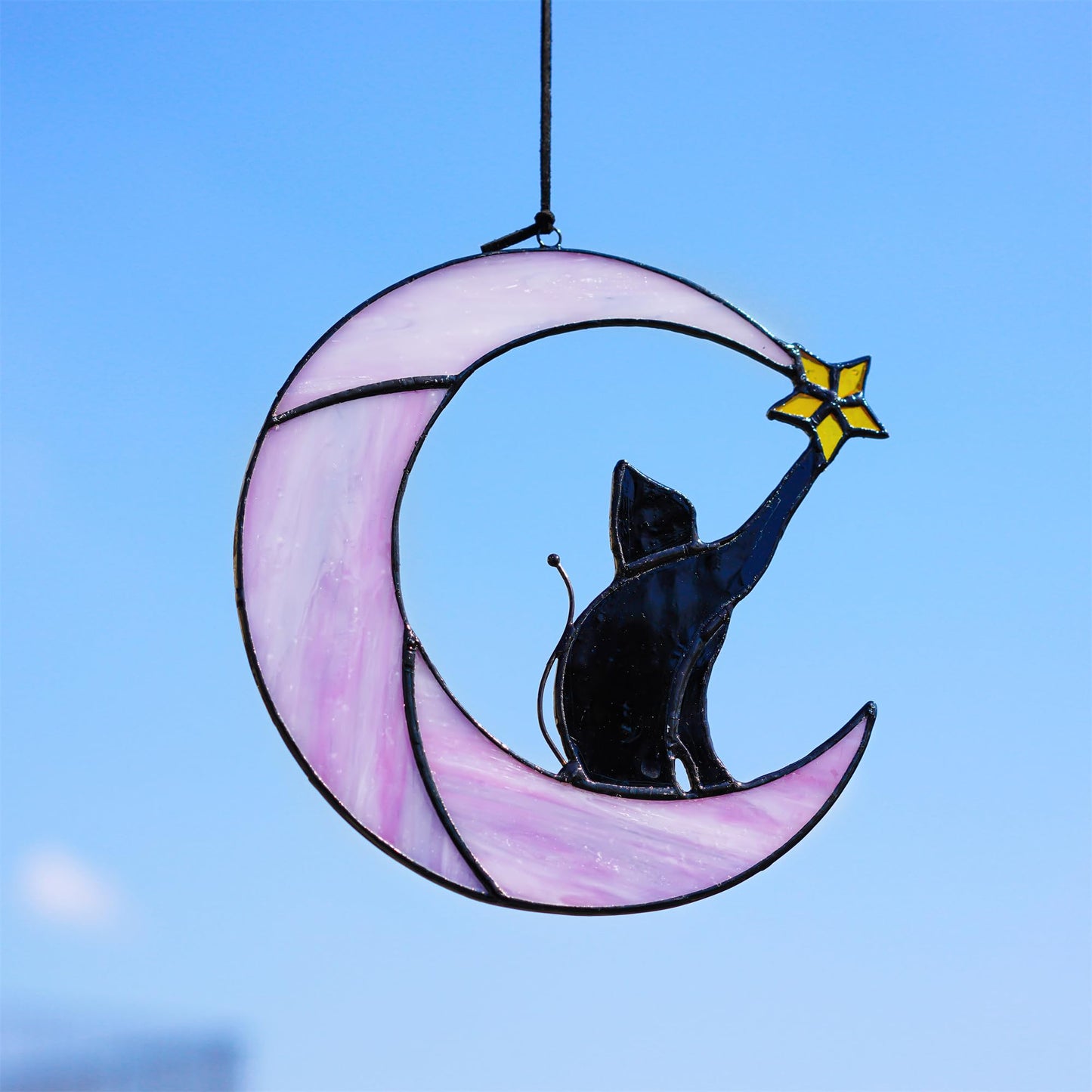 HDCRYSTALGIFTS 6.5'' Black Cat Decor on Purple Moon Stained Glass Window Hanging Suncatcher,Wall Art Glass Window Panel Sun Catcher,Halloween Decoration Memorial Gift for Lover Cat Loss