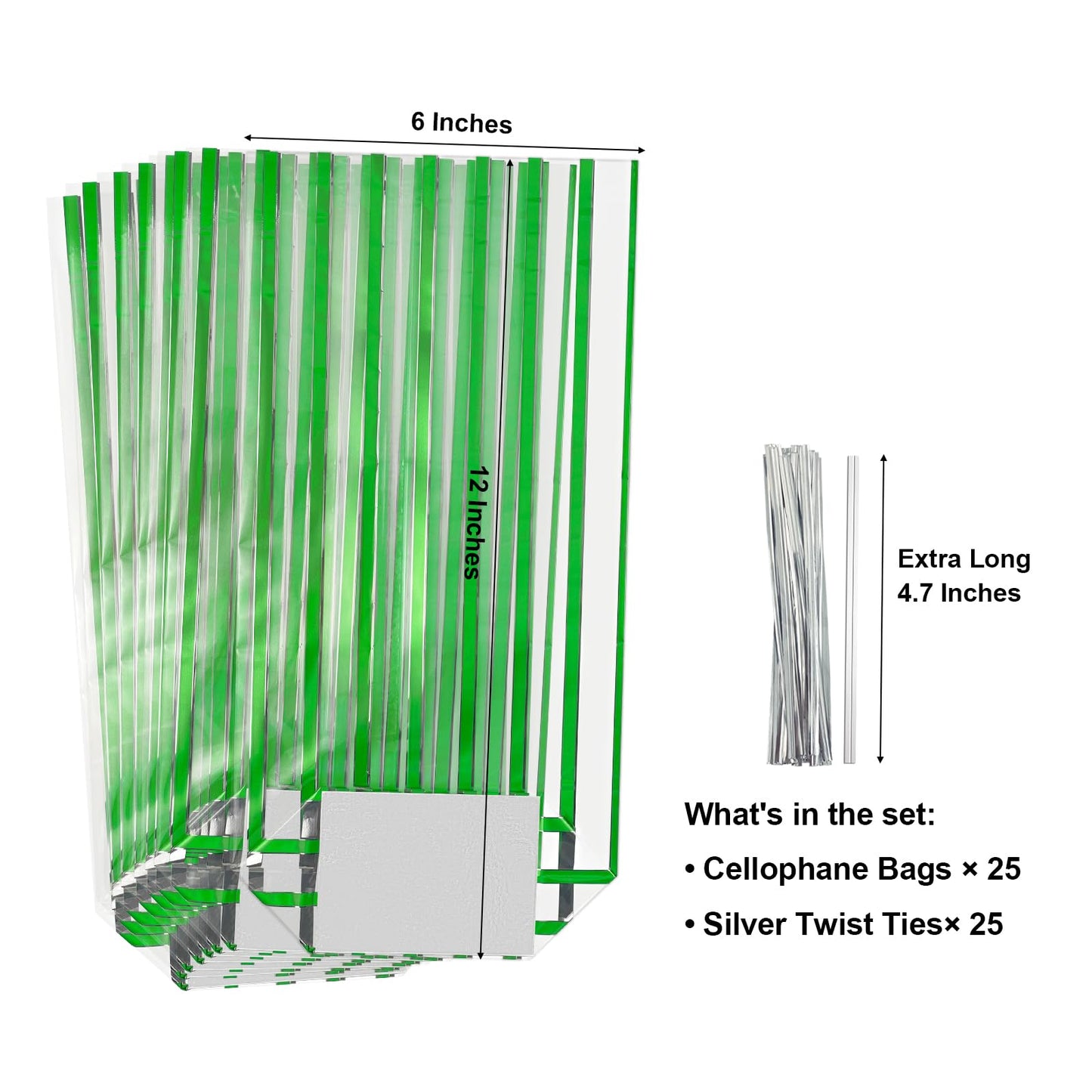 EKAPACKAGING 25 Pcs 3.21x2.42x12in Flat Bottom Cellophane Bags (6x12in Flat Size), Foil Green Stripe Treat Bags with Ties, Heat Sealable Clear Cello Bags for Cookies