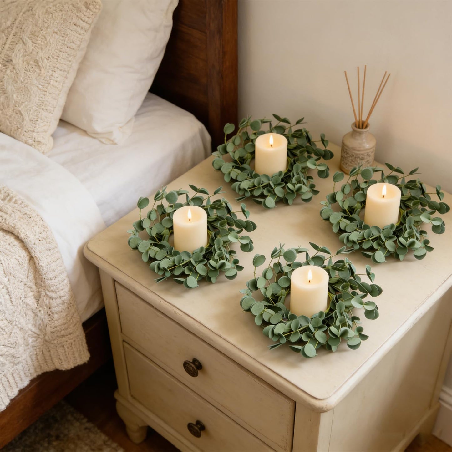 4 Pcs Small Spring Summer Candle Ring Wreaths with Artificial Eucalyptus Greenery Mini Pillar Candle Holder Wreath for Home Table Centerpieces Kitchen Wedding Farmhouse Party Decor