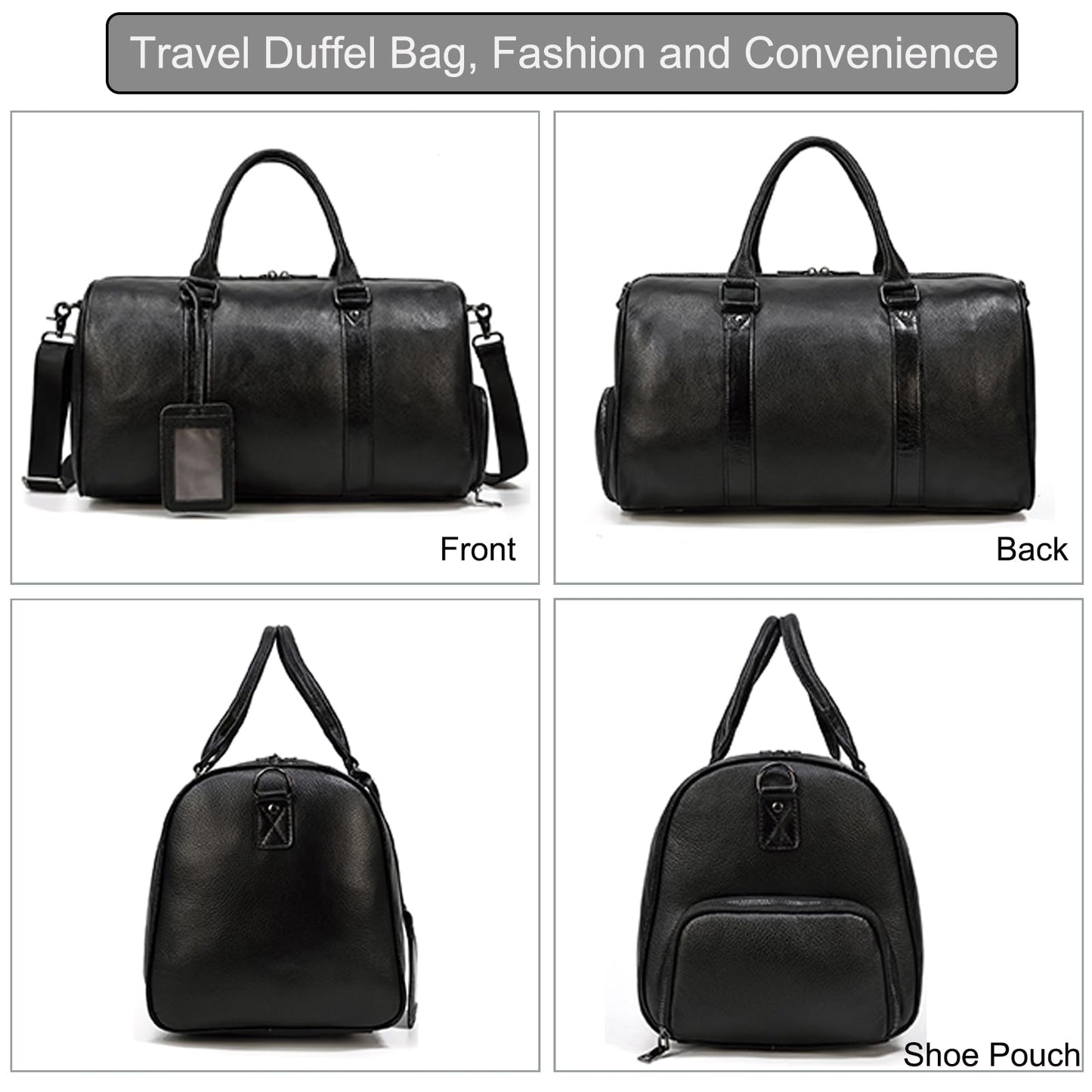 LUUFAN Leather Travel Bag for Men Large Capacity Luggage Duffel Bag with Shoe Compartment, Weekend Handbag for Holiday Business Trip 45cm, Black