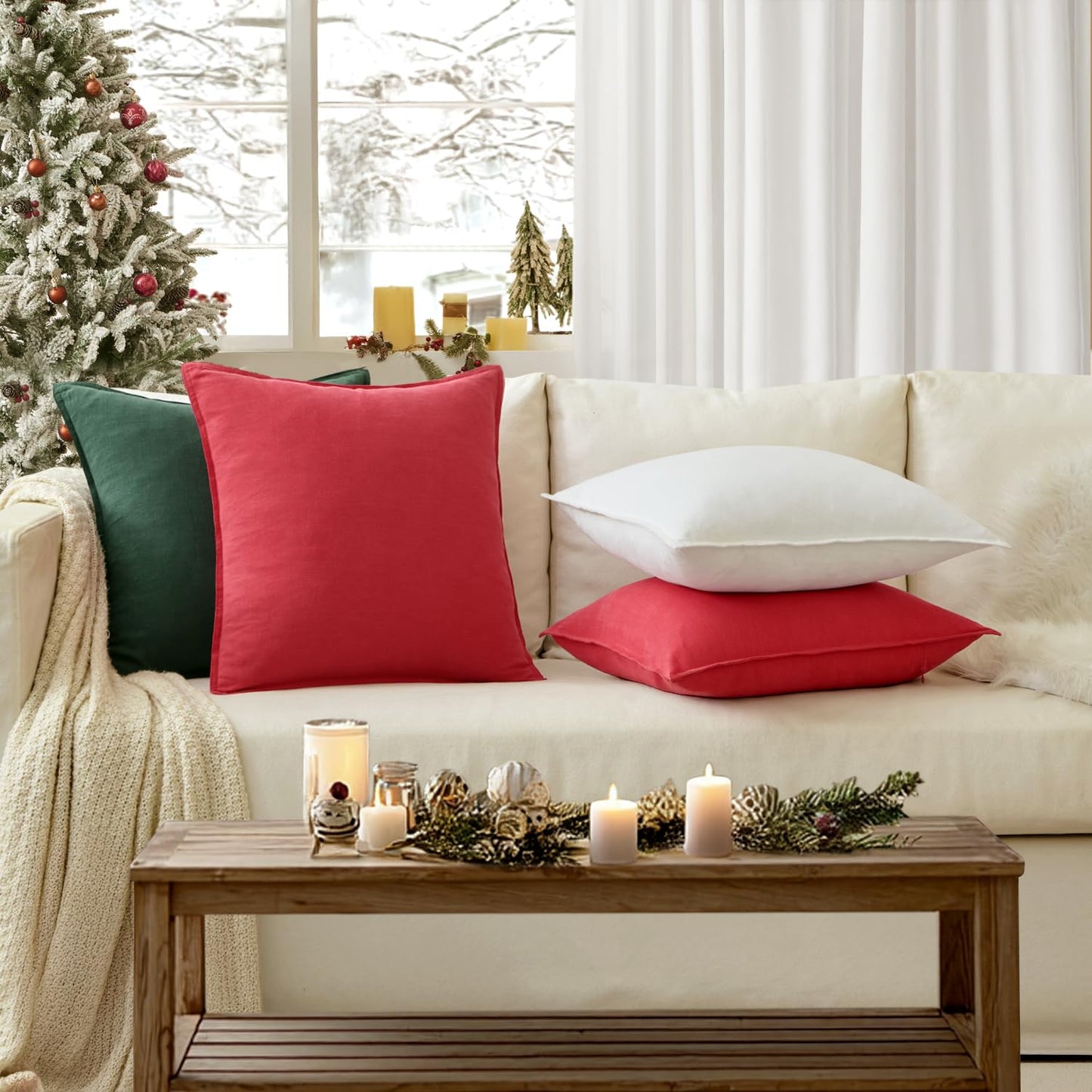 EMEMA Christmas Throw Pillow Covers Decorative Linen Pillow Covers 24x24 Inch Red Boho Farmhouse Neutral Couch Throw Pillows for Bed Pack of 2 Accent Pillowcase Modern Sofa Cushion Livingroom Home