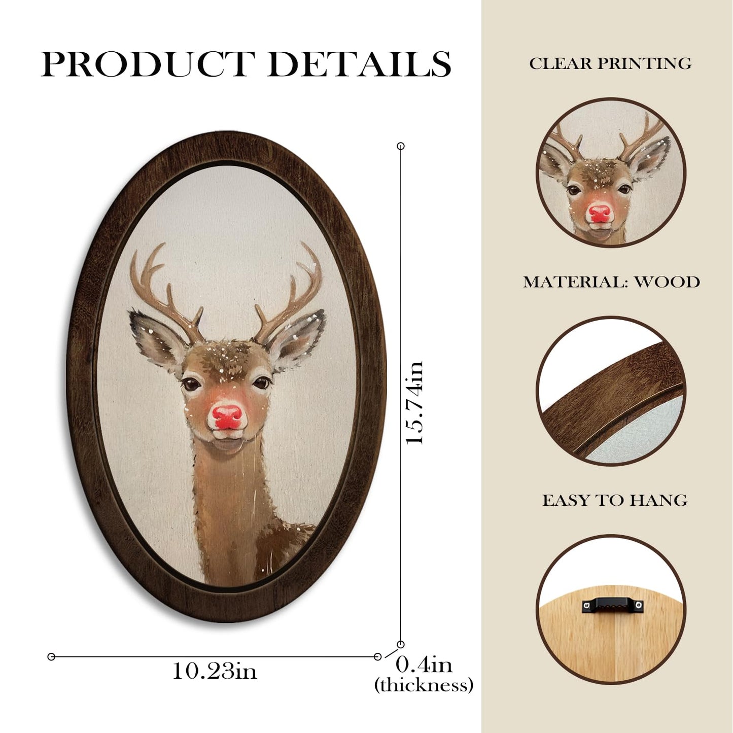 YZSLA Red Nose Reindeer Christmas Deer Framed Wall Art Decor, Christmas Home Room Decor, Rustic Winter Xmas Red Deer Holiday Wooden Oval Wall Decorations for Home Bedroom Living Room, 15.74x10.23