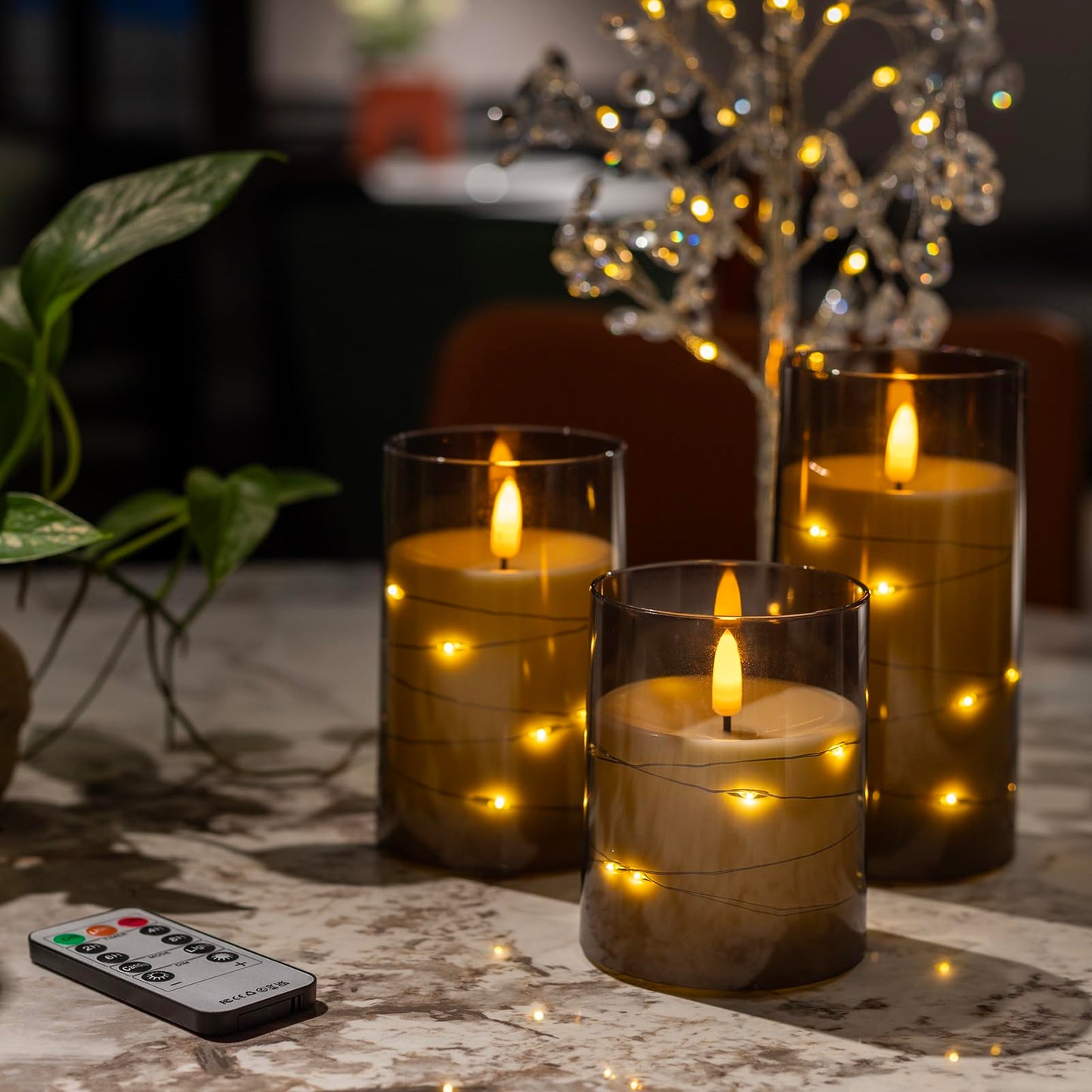 Flickering Flameless Candles with Timer - Durable Acrylic Glass Shell, with Embedded Star String, Battery Operated Candles with Remote for Romantic Ambiance and Home Decoration (Set of 3, Grey)