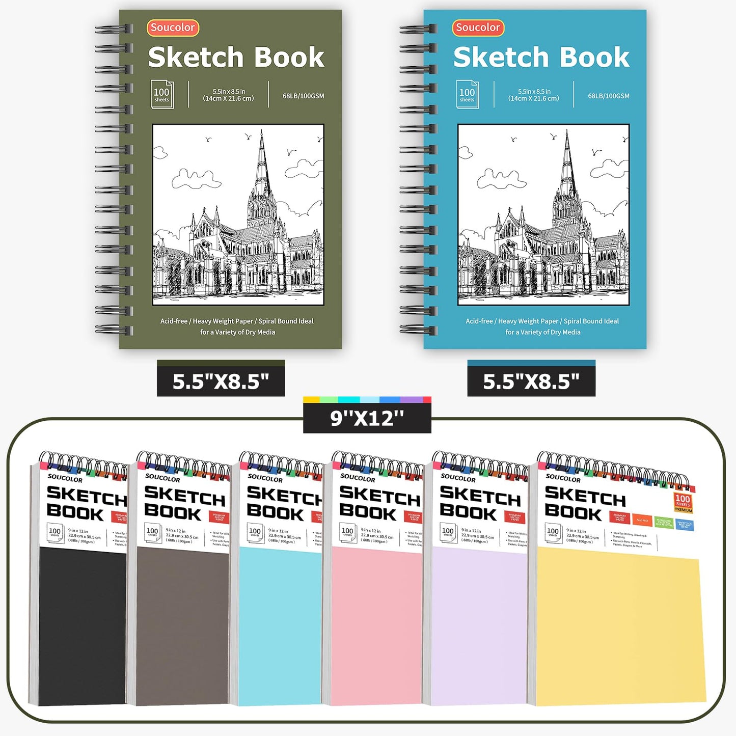 Soucolor 5.5" x 8.5" Sketchbook Pack of 2, 200 Sheets Blank Journal Notebook, A5, Spiral Bound Sketch Pad Drawing Book Acid-Free Paper (68lb/100gsm), Painting Sketching Drawing Notebook Art Supplies