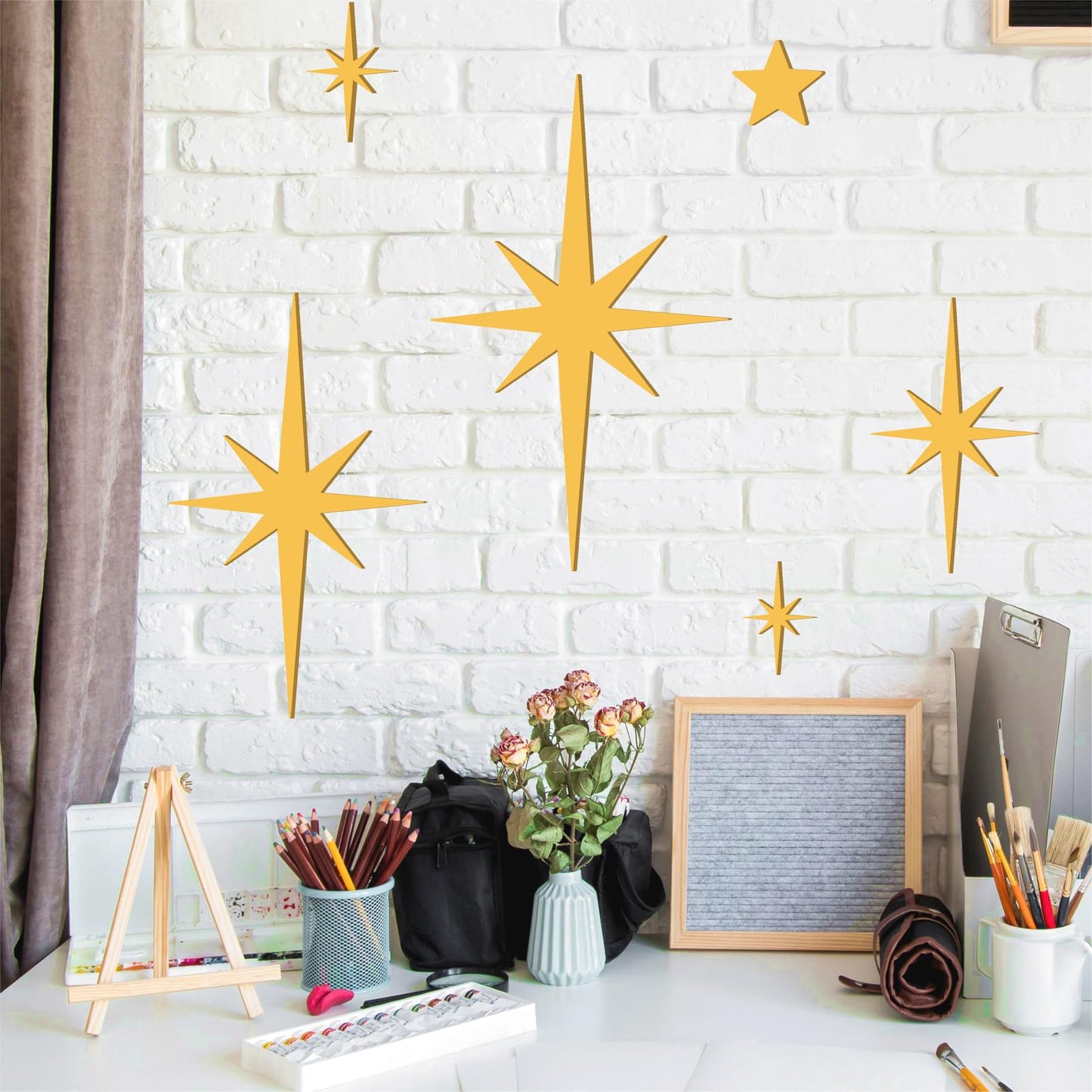 6 PCS Gold Star Wall Decor Iron Starburst Wall Decoration Retro Christmas Stars Art Signs Mid Century Modern Decor for Living Room Star Hangings Sculptures Golden Metal Art for Home Office Bedroom