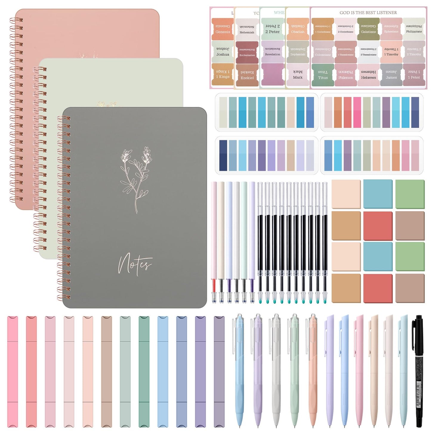 Resurhang 64pcs Bible Journaling & Note-taking Kit-includes 3pcs A5 Notebooks, Bible Tabs, Index Stickers, Sticky Notes, Gel Pens, Highlighters & Markers for Study, Worship, Sermon & Daily Planning