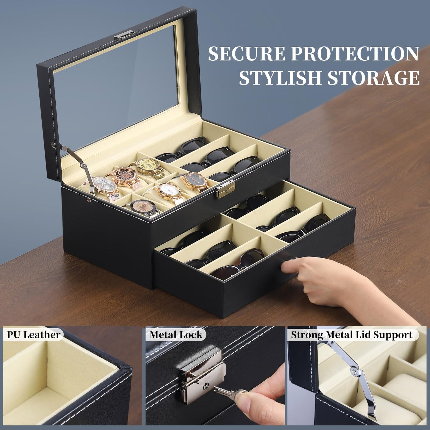 AUTOARK Leather 6 Watch Box Jewelry Case and 9 Piece Eyeglasses Storage and Sunglass Glasses Display Drawer Lockable Case Organizer,Black,AW-048